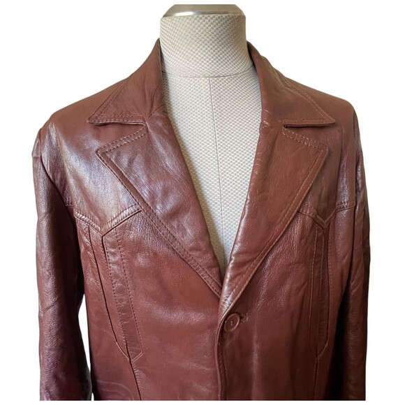 Vintage Leather Coat Mens 70s Brown Jacket 46L Triple Button Blazer Style Rustic - Picture 1 of 14